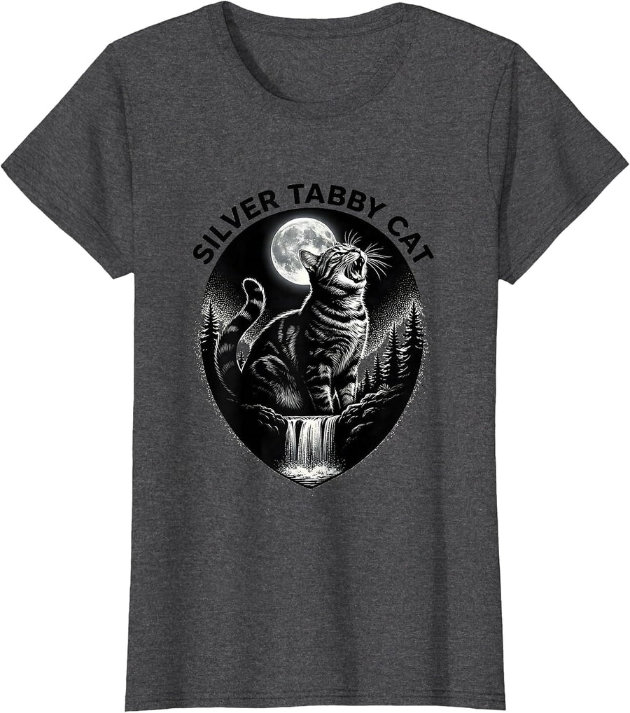 Women's Silver Tabby Cat Howling at Moon 90's Retro T-Shirt - Dark Heather Grey