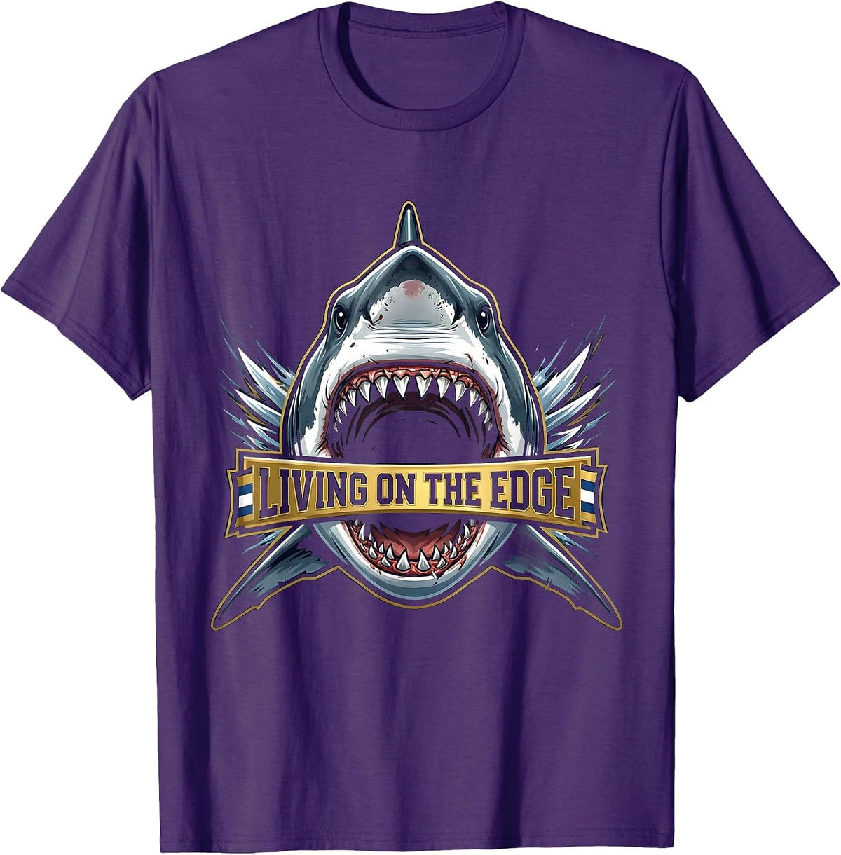 Living on the Edge Bold Shark Graphic Design T-Shirt - Purple