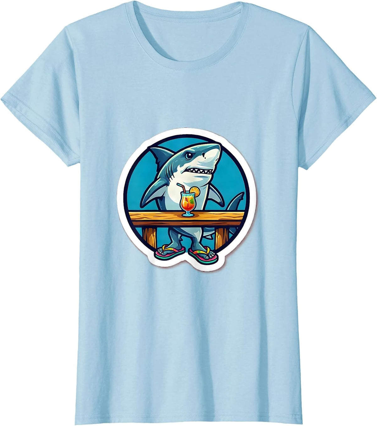 Women's Shark In Flip Flops Beach Bar Funny Graphic T-Shirt - Baby Blue