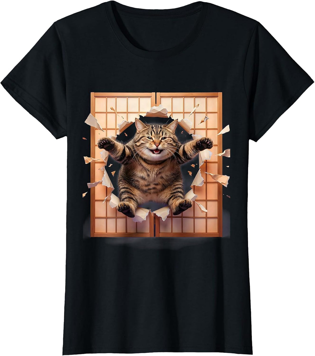 Women's Tabby Cat Leaping Through Shoji Screen T-Shirt - Black