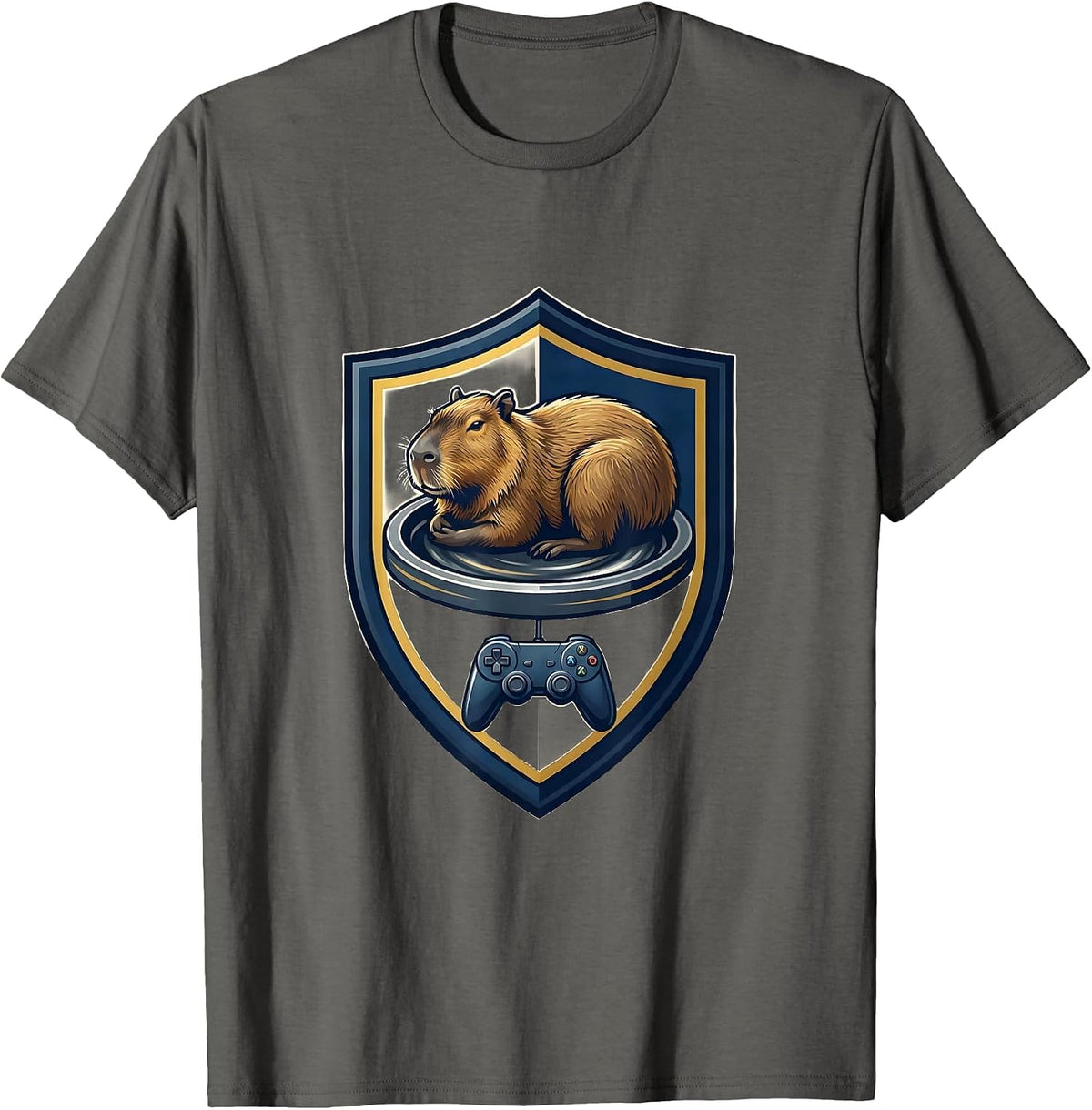 Capybara Gamer Emblem Funny Video Games T-Shirt - Asphalt Grey