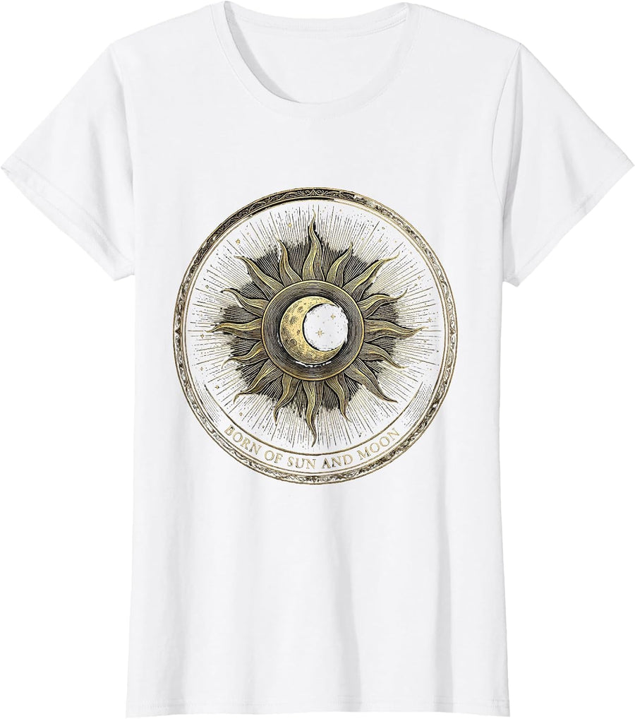 Women's Born of Sun and Moon Mystic Celestial Boho Astrology T-Shirt - White