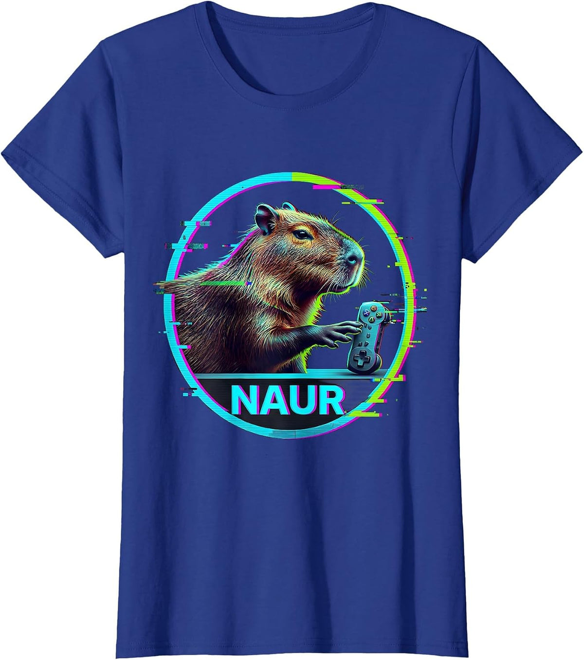 Women's Naur Glitch Datamosh Capybara Gamer Meme Humor T-Shirt - Royal Blue