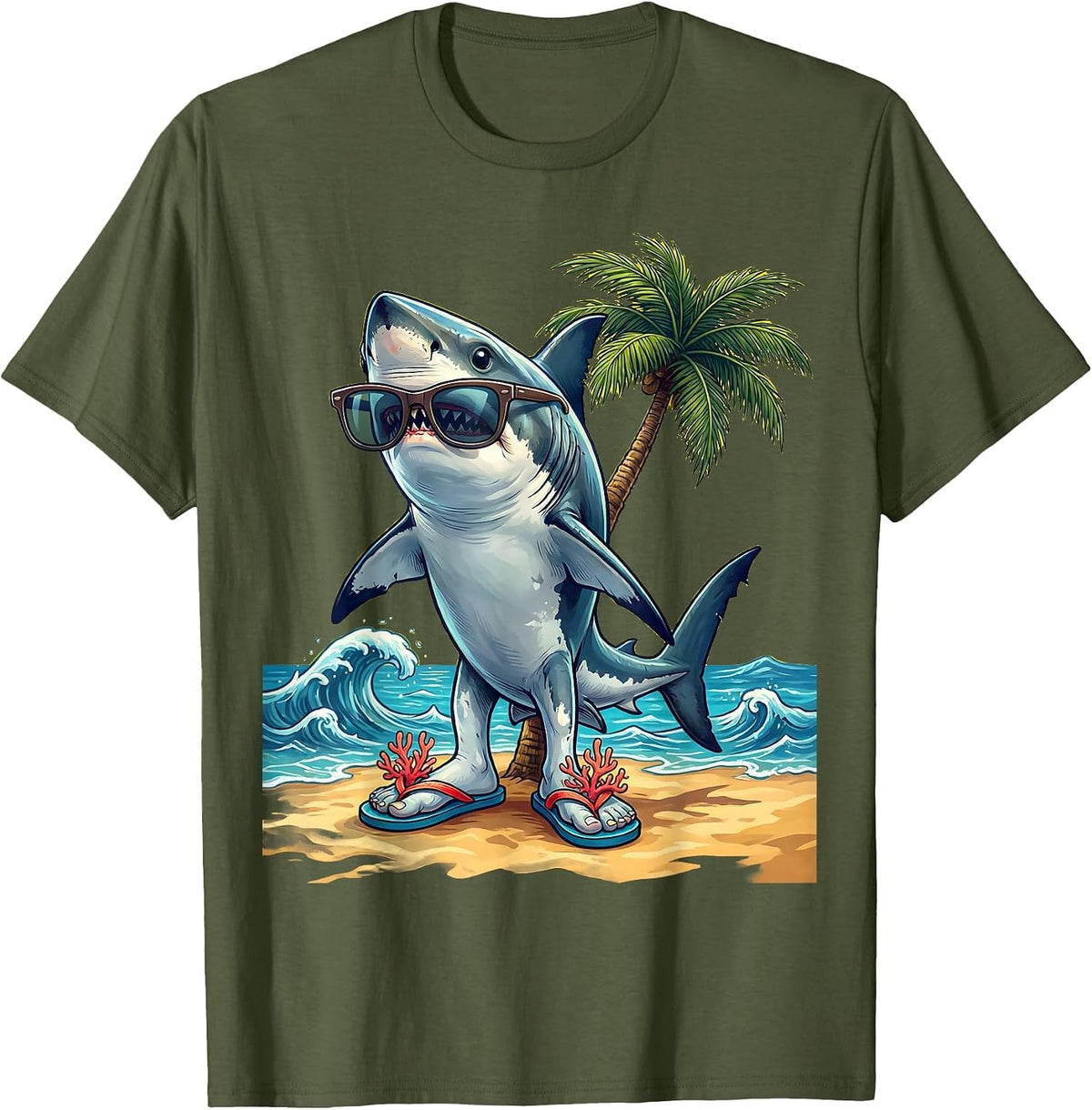 Shark In Flip Flops Funny Beach Graphic Tee T-Shirt - Olive Green