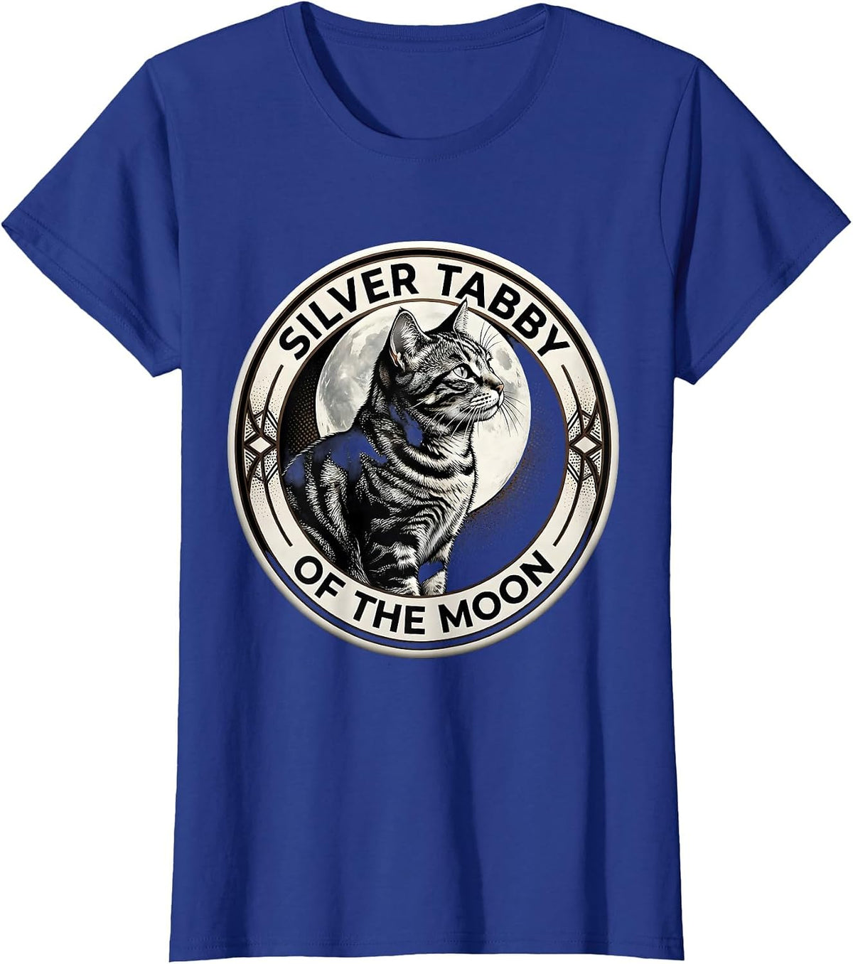 Women's Silver Tabby Of The Moon Blackwork Dotwork Cat Lover Humor T-Shirt - Royal Blue