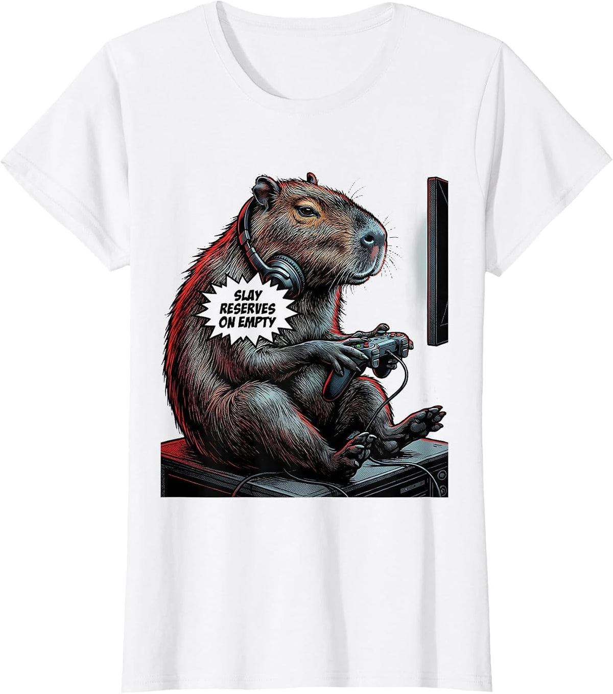 Women's Slay Reserves On Empty Comic Book Capybara Gamer Meme Humor T-Shirt - White