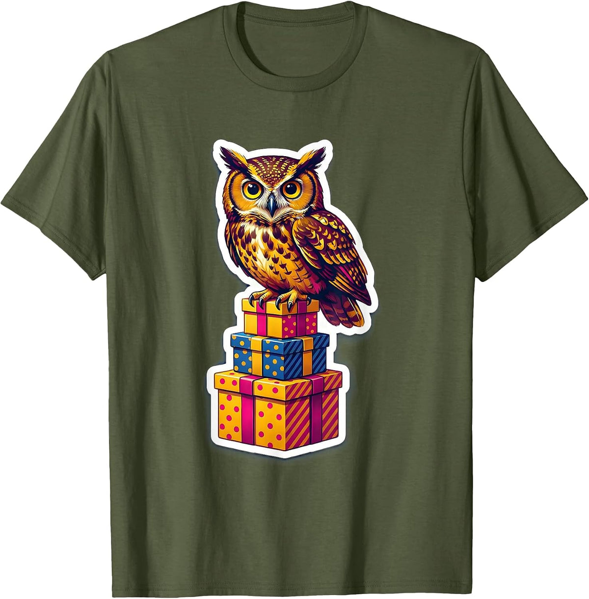 Men's Owl on Birthday Gifts Illustration T-Shirt - Olive Green
