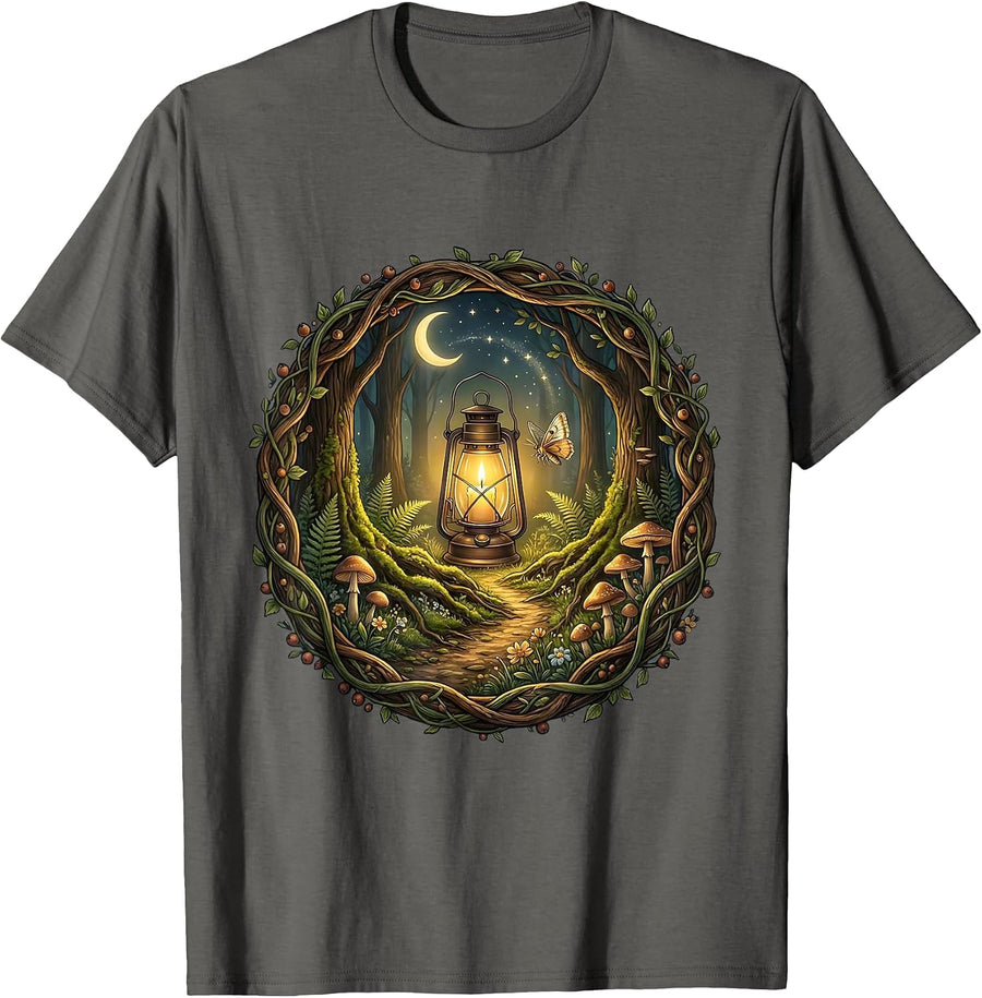 Lantern Lit Forest Path Suicide Awareness Design T-Shirt - Asphalt Grey