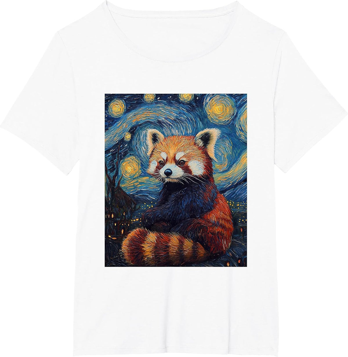 Cute Red Panda Bear Van Gogh Style Starry Night Graphic T-Shirt - White