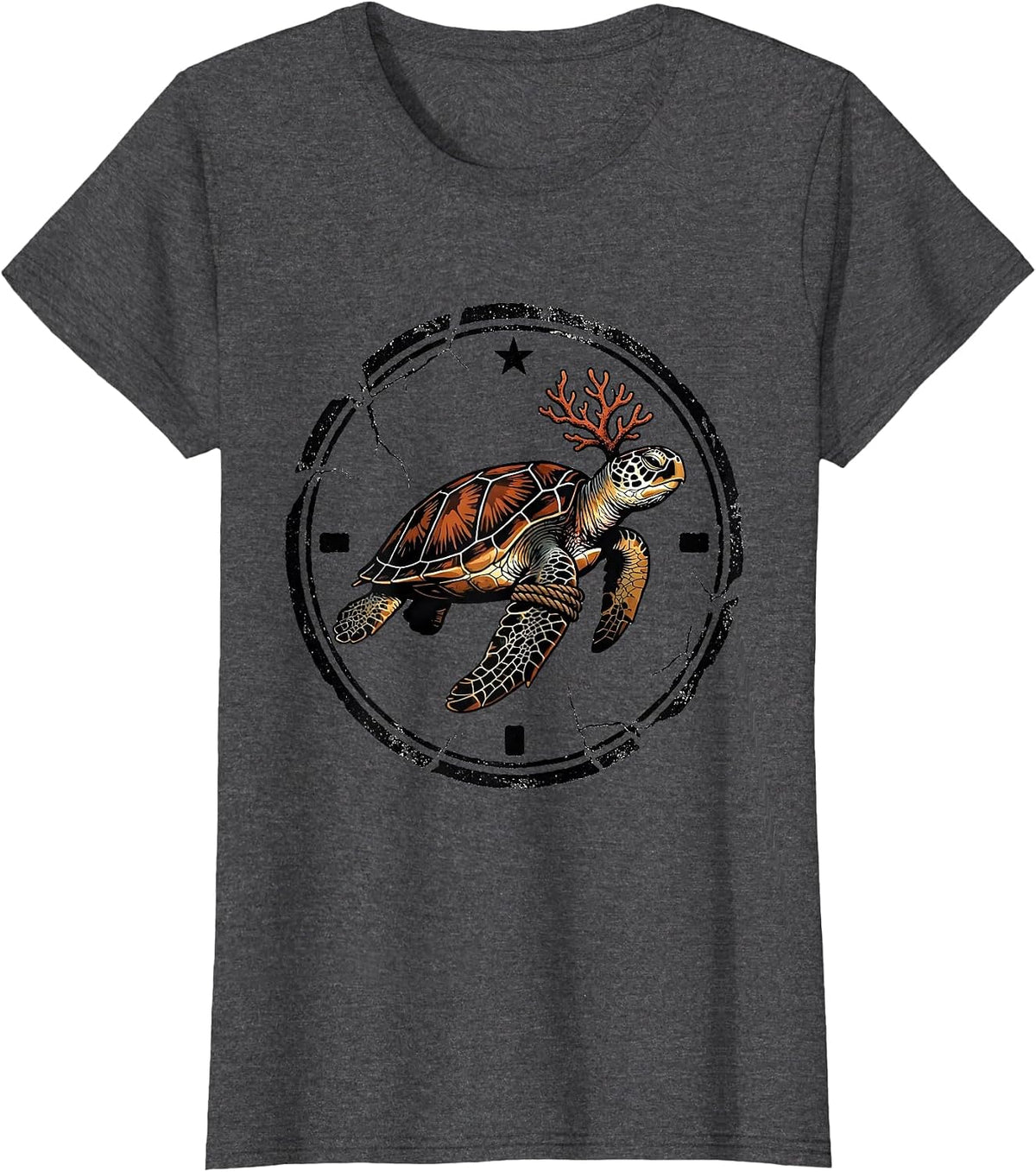 Women's Sea Turtle Stamp Christmas Lights Santa Hat Holiday Humor T-Shirt - Dark Heather Grey