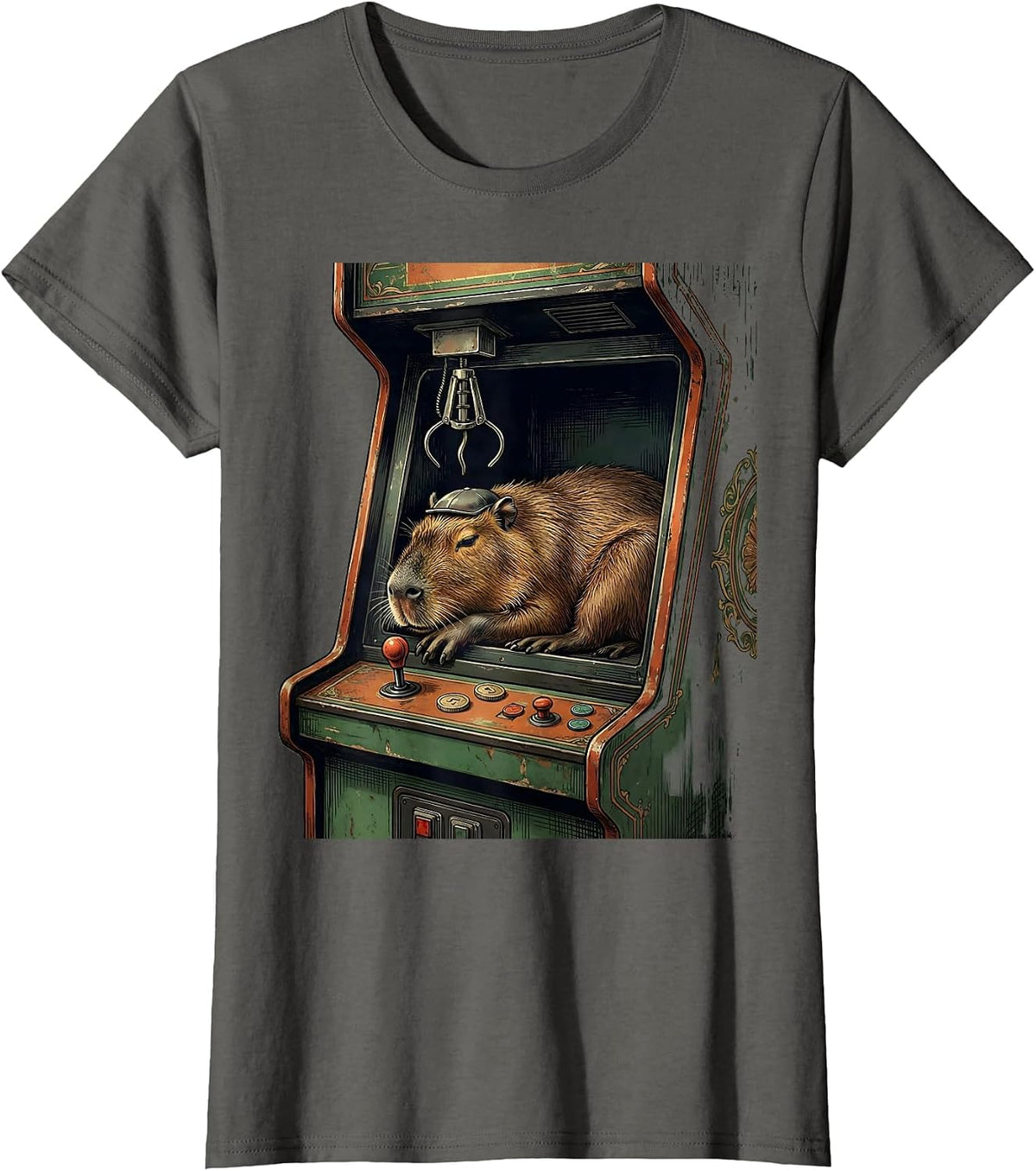 Women's Capybara Vintage Arcade Gamer Humor T-Shirt - Asphalt Grey