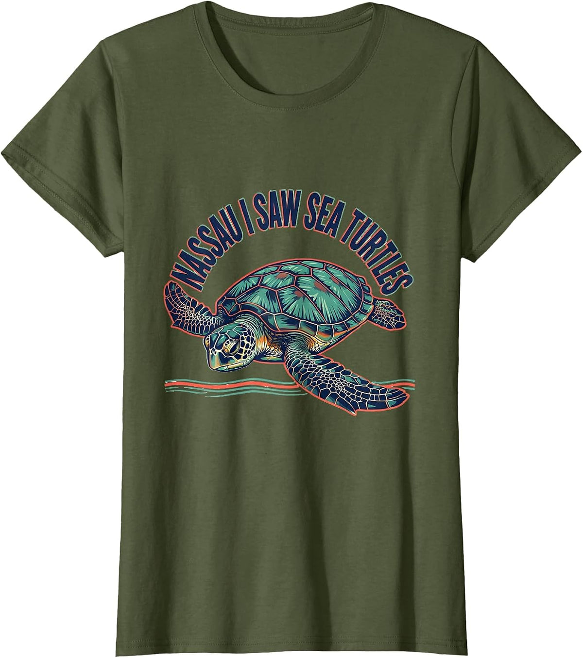 Women's NASSAU I SAW SEA TURTLES Screenprint Tropical Souvenir T-Shirt - Olive Green
