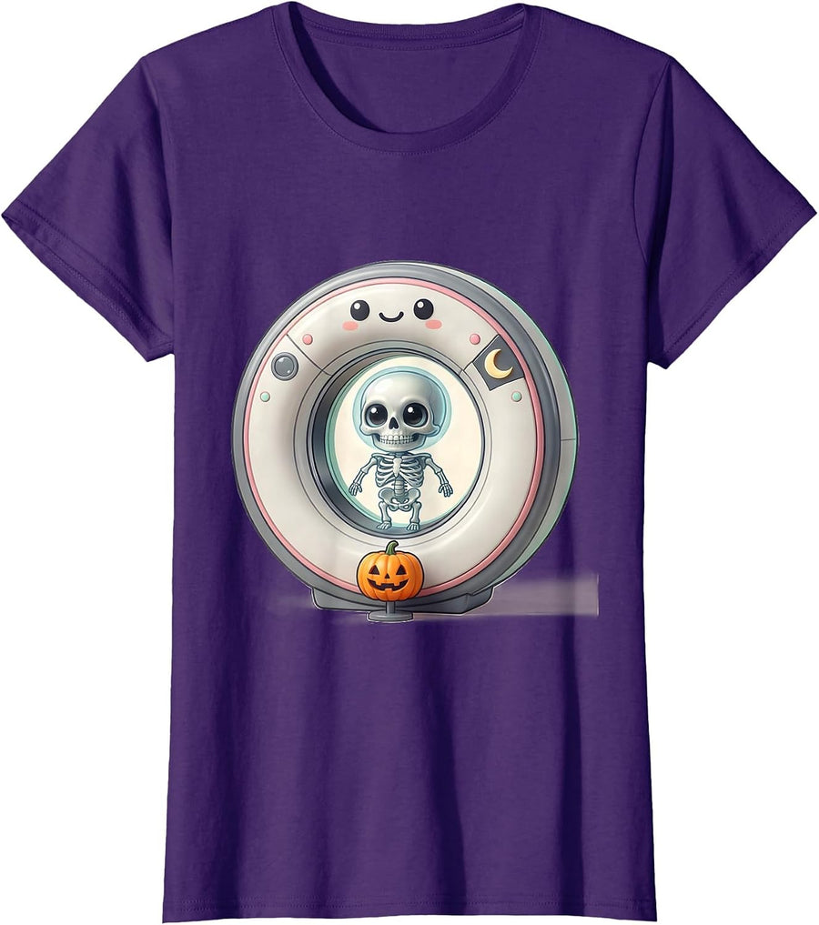 Women's Cute Kawaii CT Scanner Skeleton Halloween Radiology Tech T-Shirt - Purple
