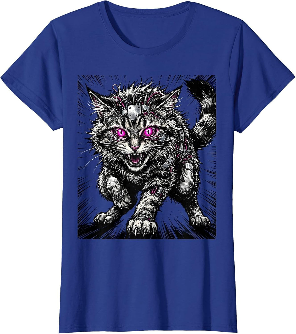 Women's Feral Cyberpunk Cat Neon Cybernetic Eyes Design T-Shirt - Royal Blue