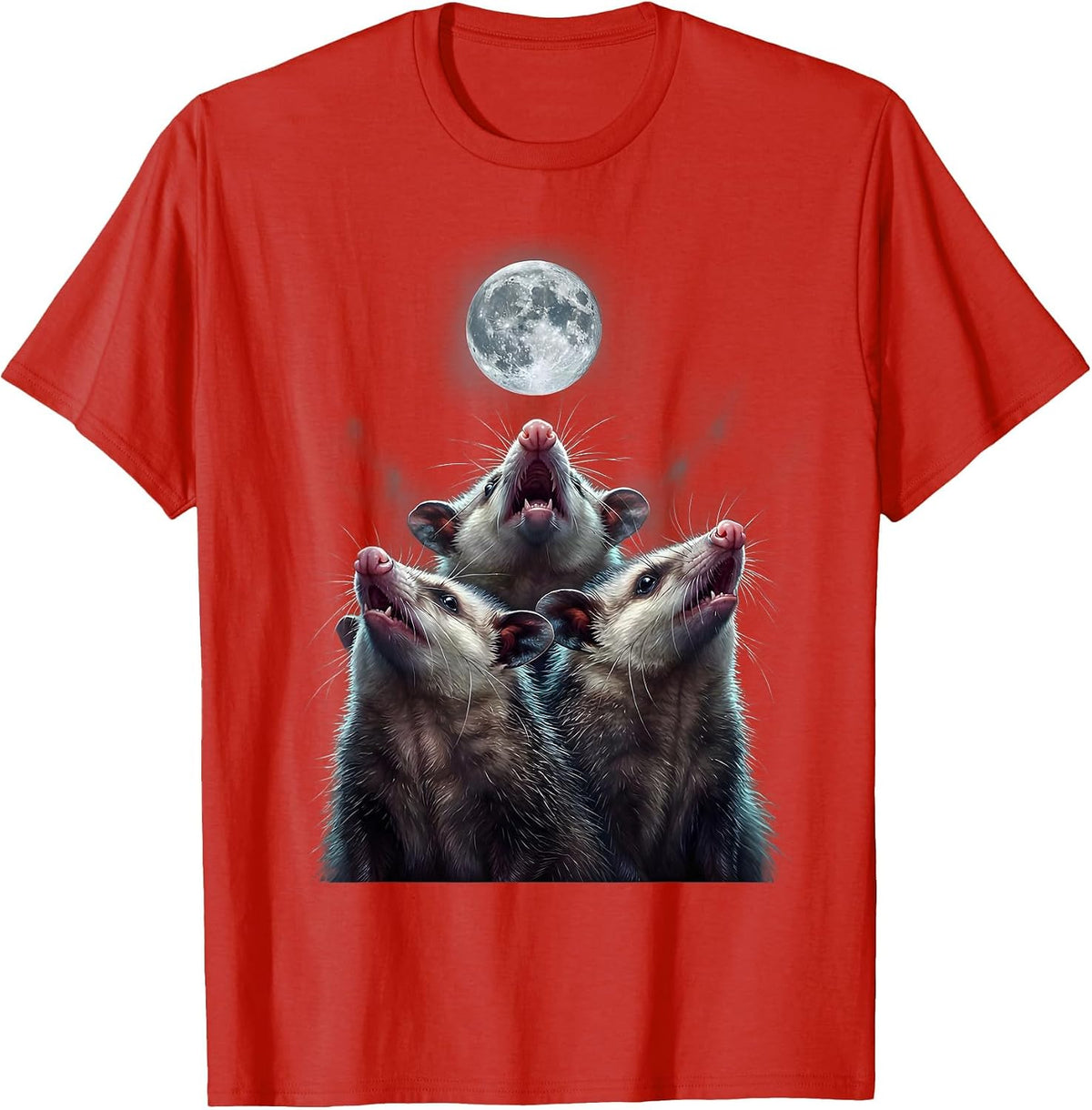 Men's Three Opossums Howling At Moon Funny Animal Meme T-Shirt - Red