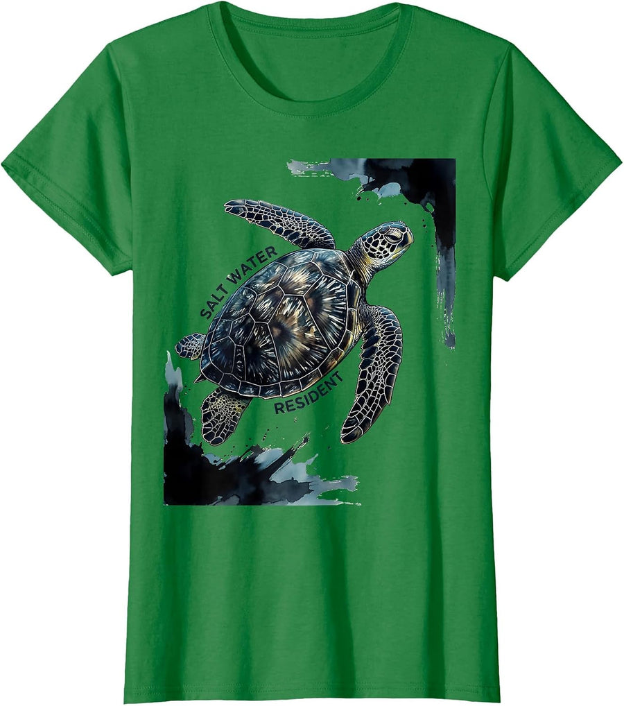 Women's Salt Water Resident Ink Brush Sea Turtle Tropical Souvenir T-Shirt - Kelly Green