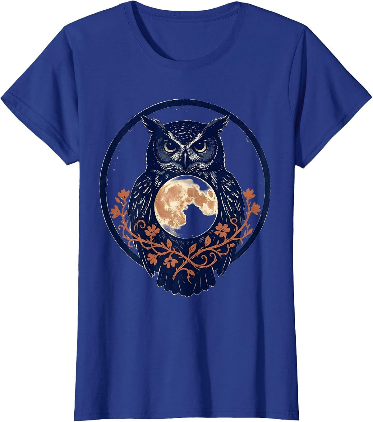 Women's Sealed Owl Moon Boho Floral Mystical Graphic T-Shirt - Royal Blue