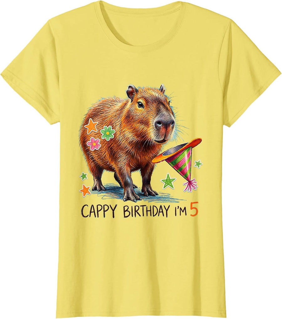Women's Cappy Birthday, I'm 5 Funny Capybara Meme Birthday Kidcore T-Shirt - Lemon Yellow