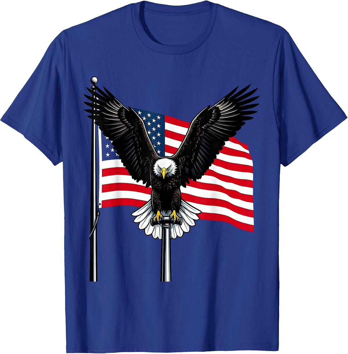 Bold Eagle on American Flag Pole Patriotic Design T-Shirt - Royal Blue