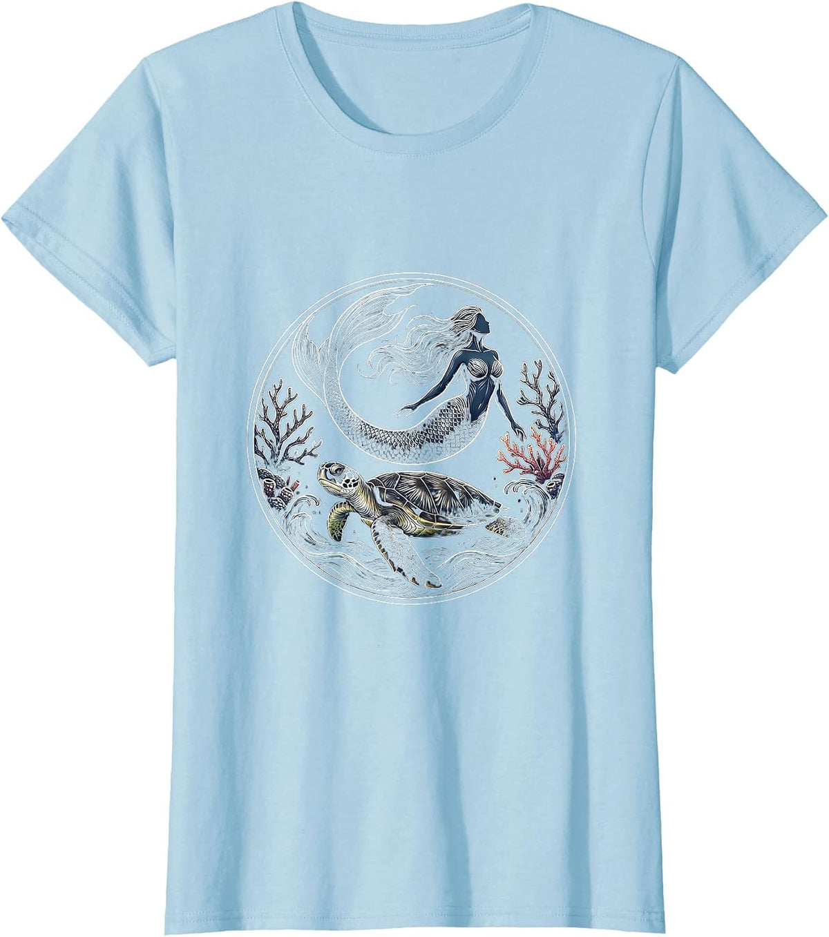 Women's Mermaid and Sea Turtle Ocean Swimming Graphic T-Shirt - Baby Blue