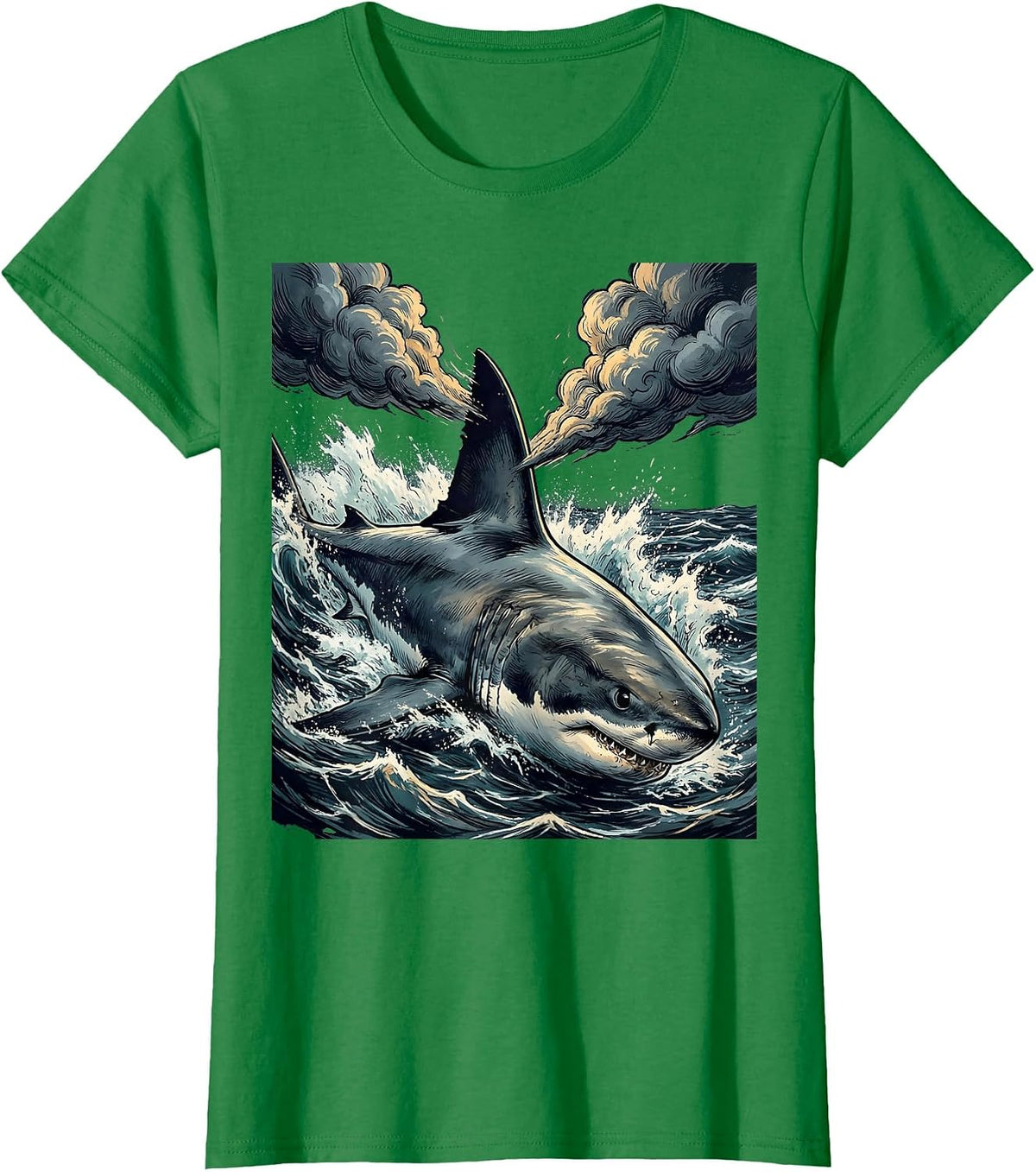 Women's Shark Dorsal Fin Storm Clouds Graphic Tee T-Shirt - Kelly Green