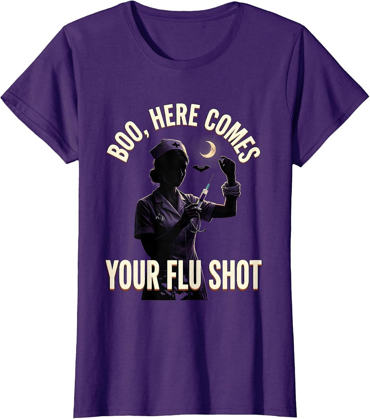 Women's Boo Here Comes Your Flu Shot Funny Nurse Ghost Halloween T-Shirt - Purple