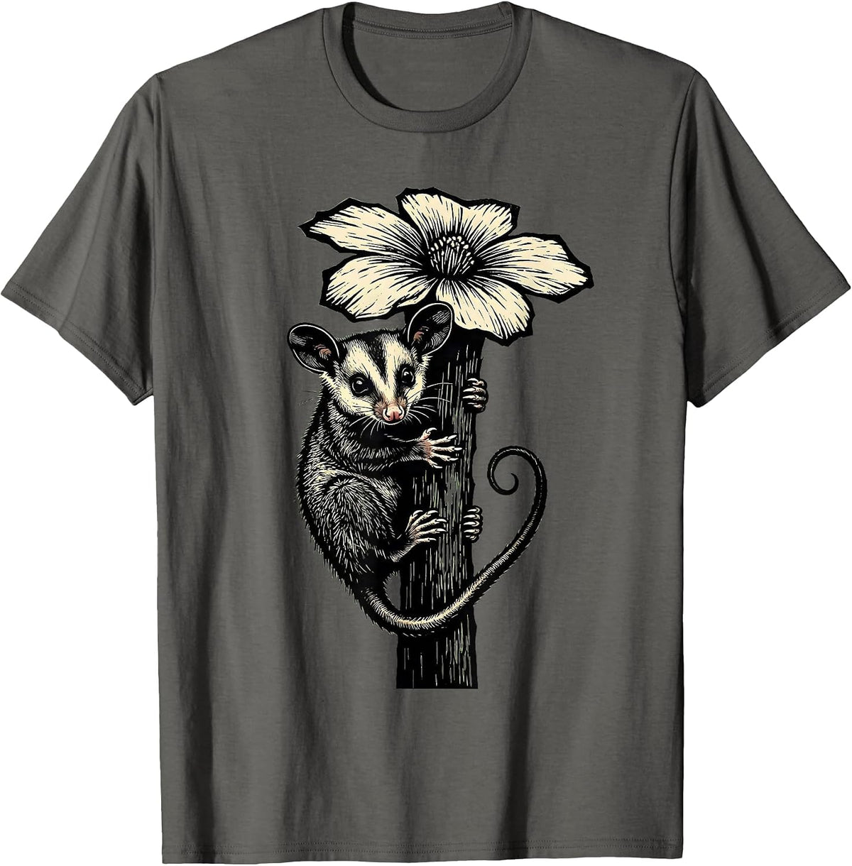 Baby Opossum Clinging to Flower Stem T-Shirt - Asphalt Grey