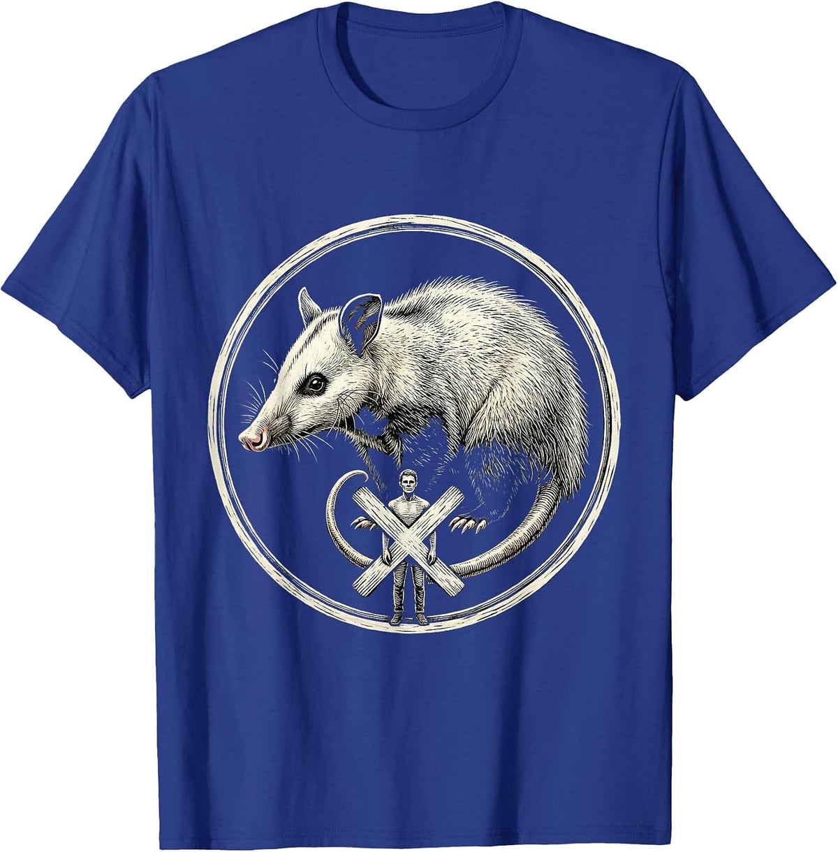 Sealed Opossum Badge Woodcut Engraving Animal Humor T-Shirt - Royal Blue