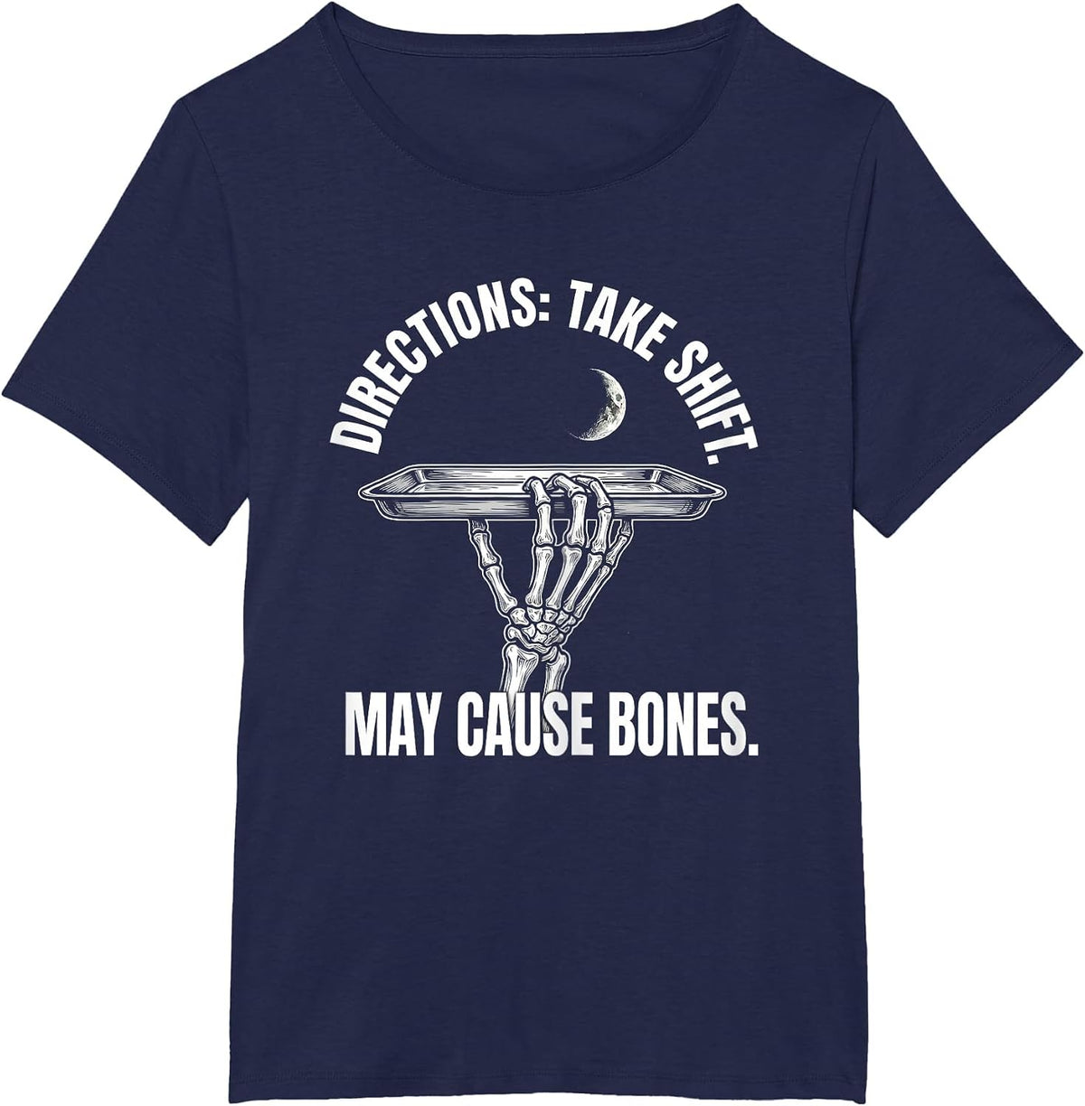 Women's Directions: Take Shift. May Cause Bones Halloween Pharmacy T-Shirt - Navy Blue