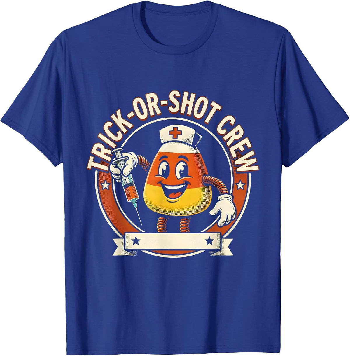 Trick-Or-Shot Crew Retro Cartoon Nurse Halloween Humor T-Shirt - Royal Blue
