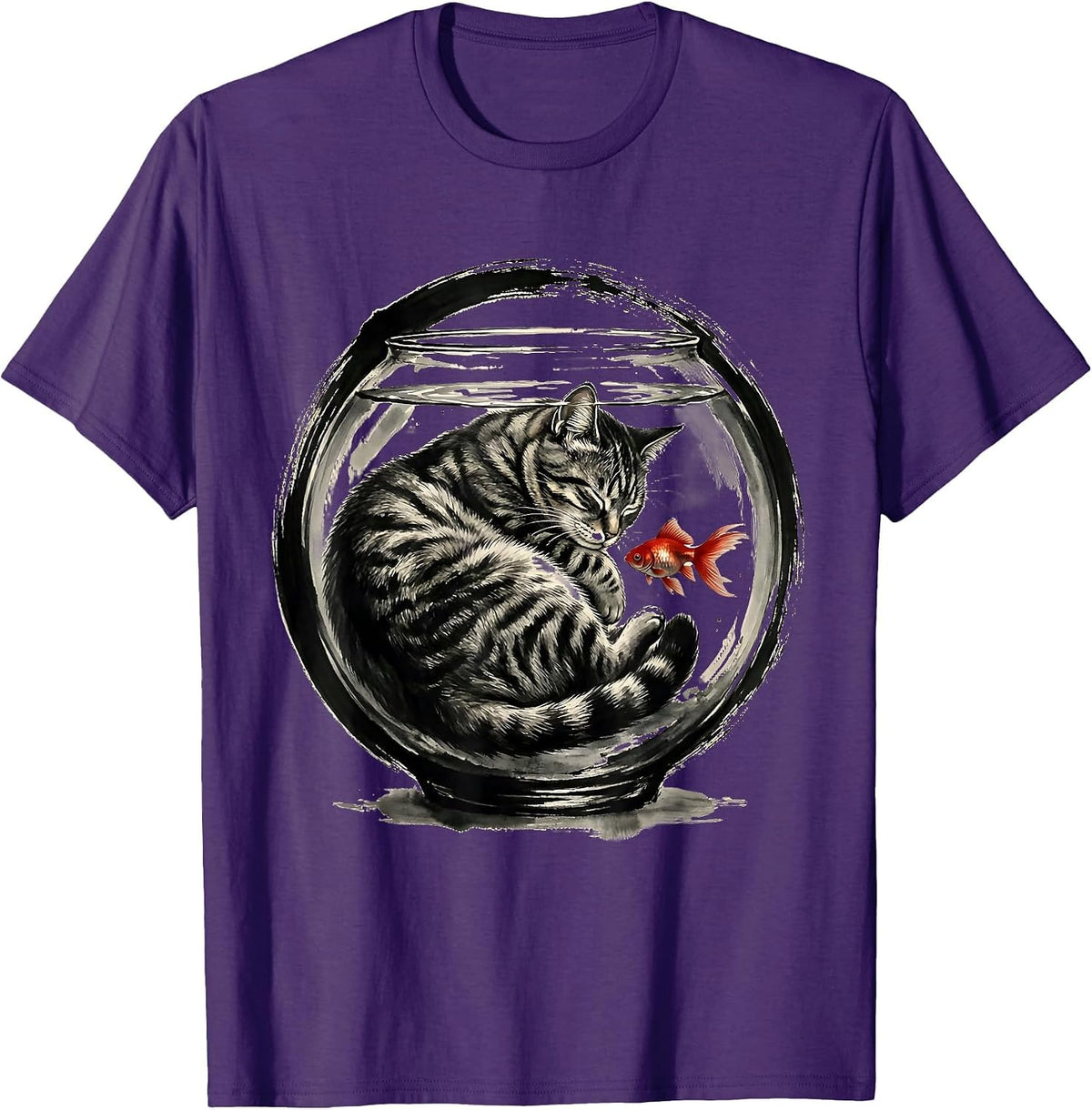 Cozy Tabby Cat Curled Inside Fishbowl Graphic T-Shirt - Purple