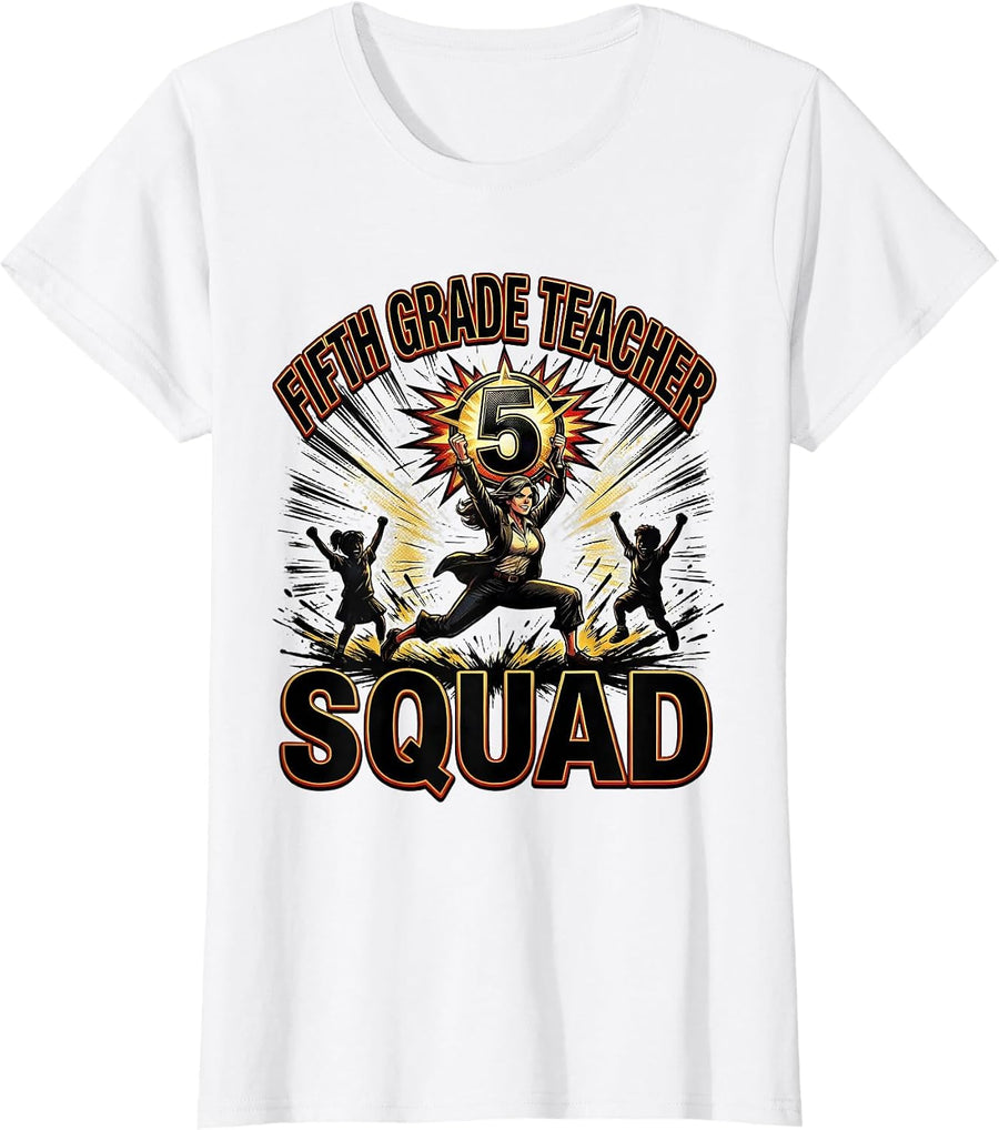 Women's Fifth Grade Teacher Squad Comic Book Teacher Appreciation T-Shirt - White