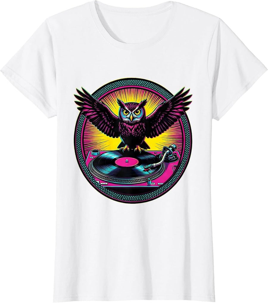 Women's Owl on Vintage Turntable Rock and Roll Design T-Shirt - White