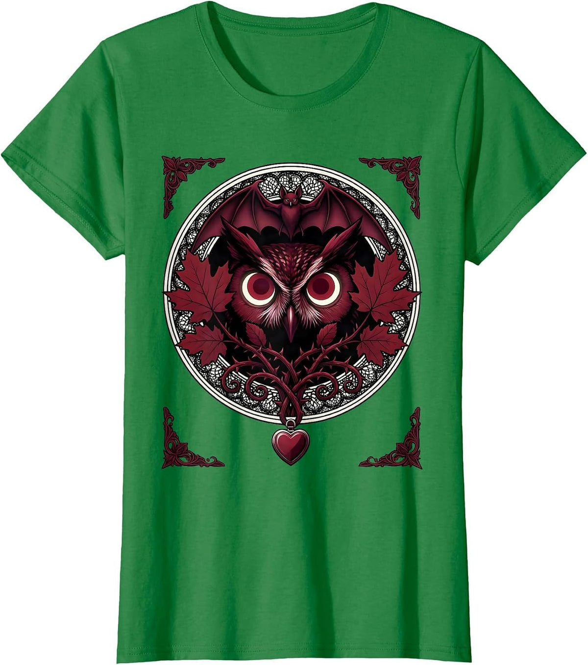 Women's Owl Eyes Peering Through Autumn Leaves Halloween T-Shirt - Kelly Green