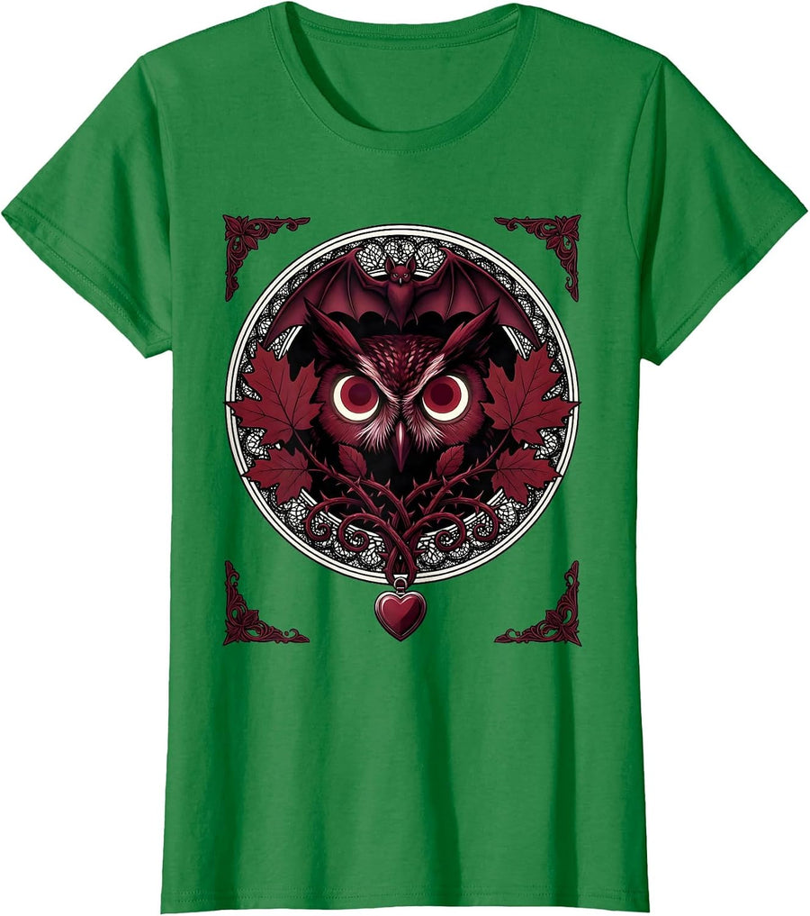 Women's Owl Eyes Peering Through Autumn Leaves Halloween T-Shirt - Kelly Green