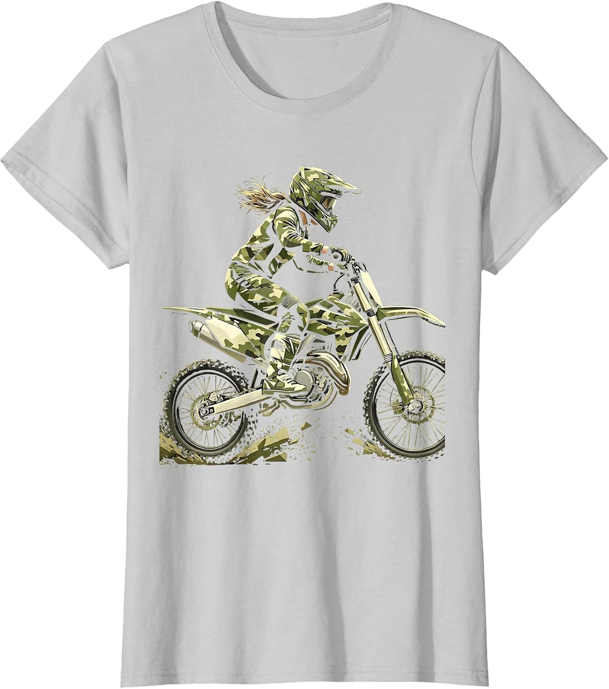 Girls Camo Dirt Bike Rider Graphic Tee T-Shirt - Silver Grey