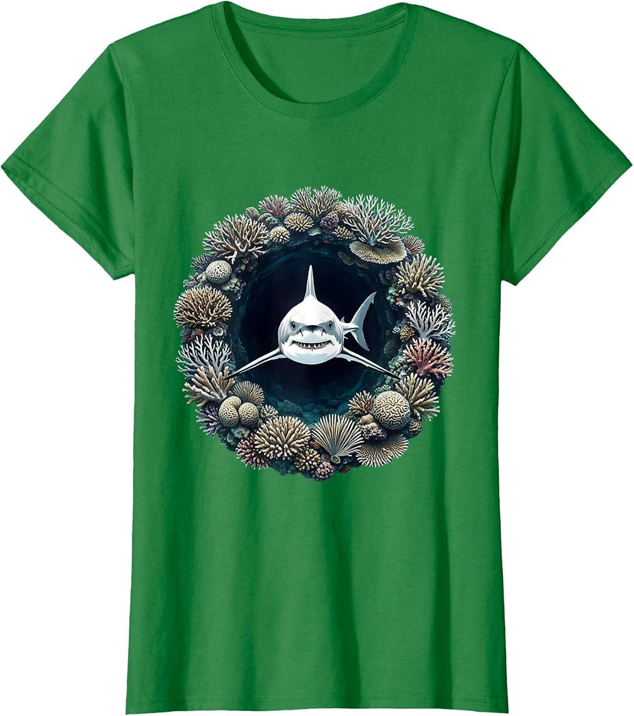 Women's Shark Swimming Through Coral Reef Tunnel T-Shirt - Kelly Green