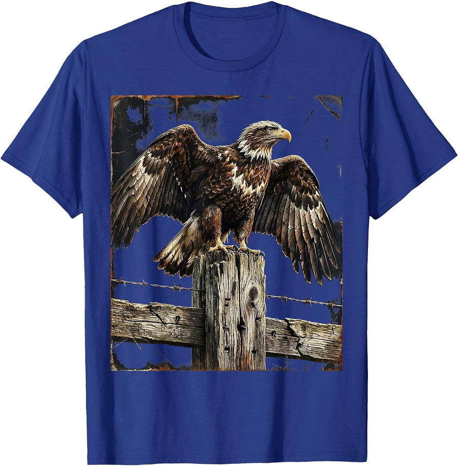 Eagle on Weathered Fence Post Western Graphic T-Shirt - Royal Blue