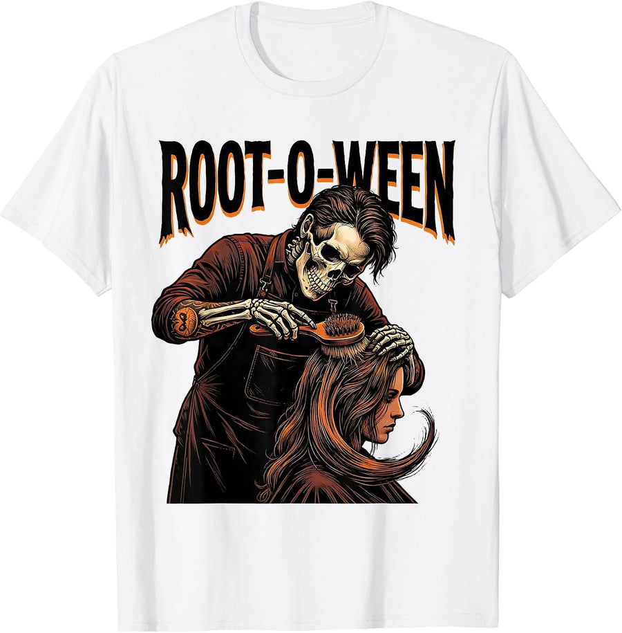 Men's Root-o-Ween Tattoo Skeleton Hairstylist Barber Halloween T-Shirt - White