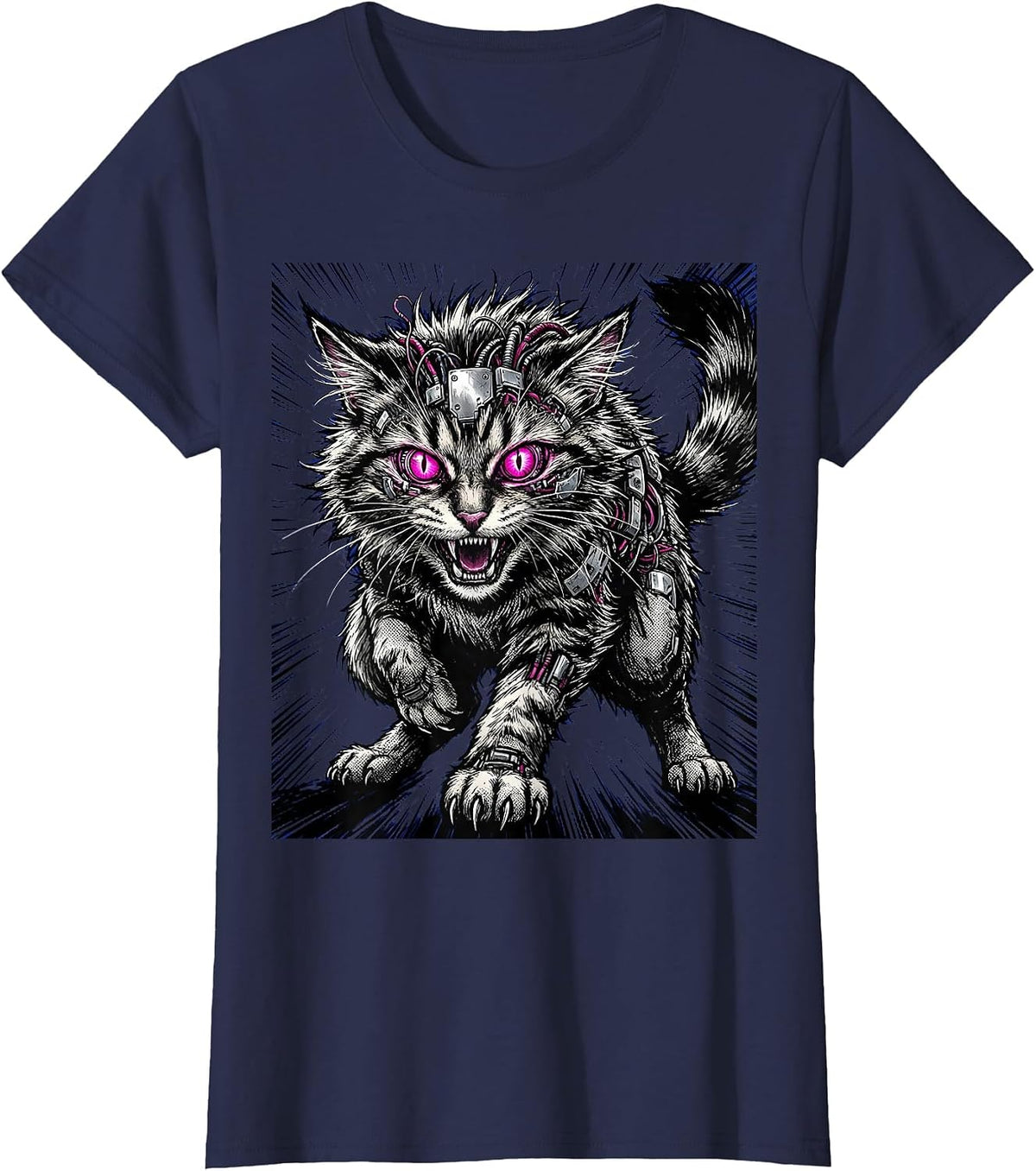 Women's Feral Cyberpunk Cat Neon Cybernetic Eyes Design T-Shirt - Navy Blue