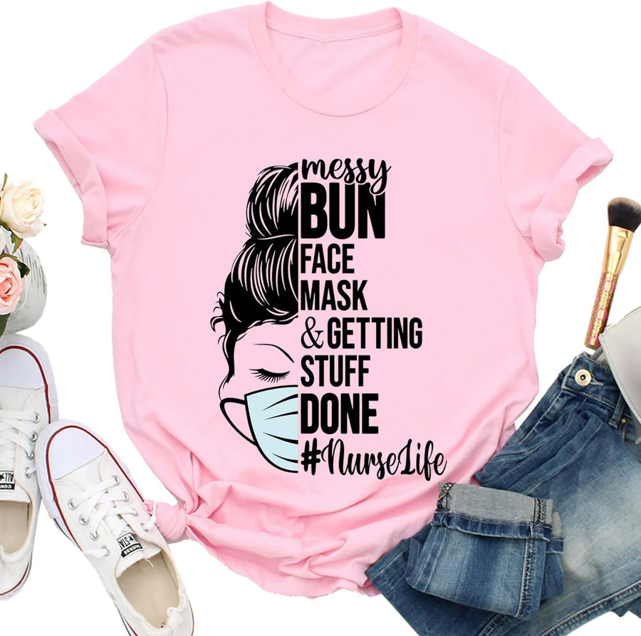 IOEGW Nursing Shirts for Women Graphic Nurse Life CNA RN T-Shirts Casual Short Sleeves Tee Gift for Nurse Tops - Pink