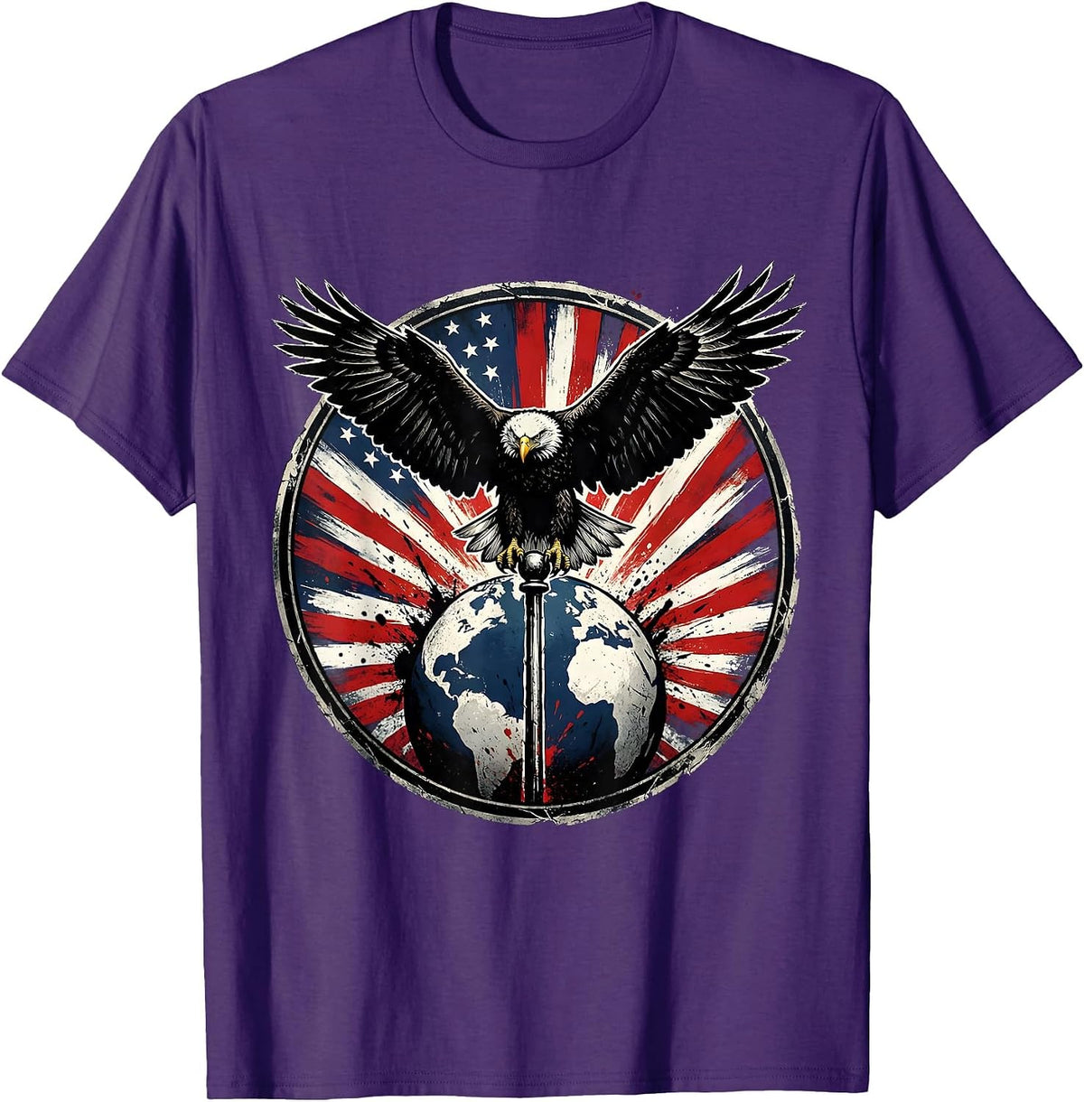 Vintage Eagle Atop Flagpole Globe American Flag T-Shirt - Purple