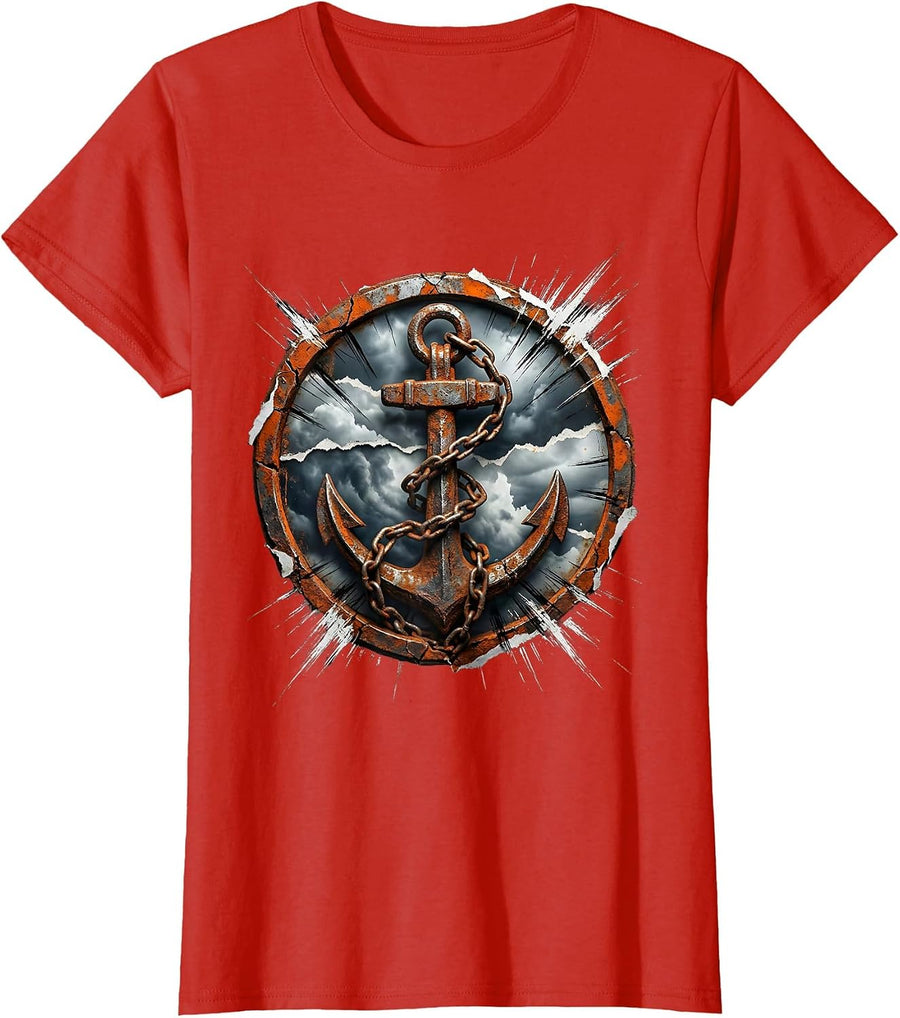 Women's Rusted Anchor Sinking Through Storm Clouds T-Shirt - Red