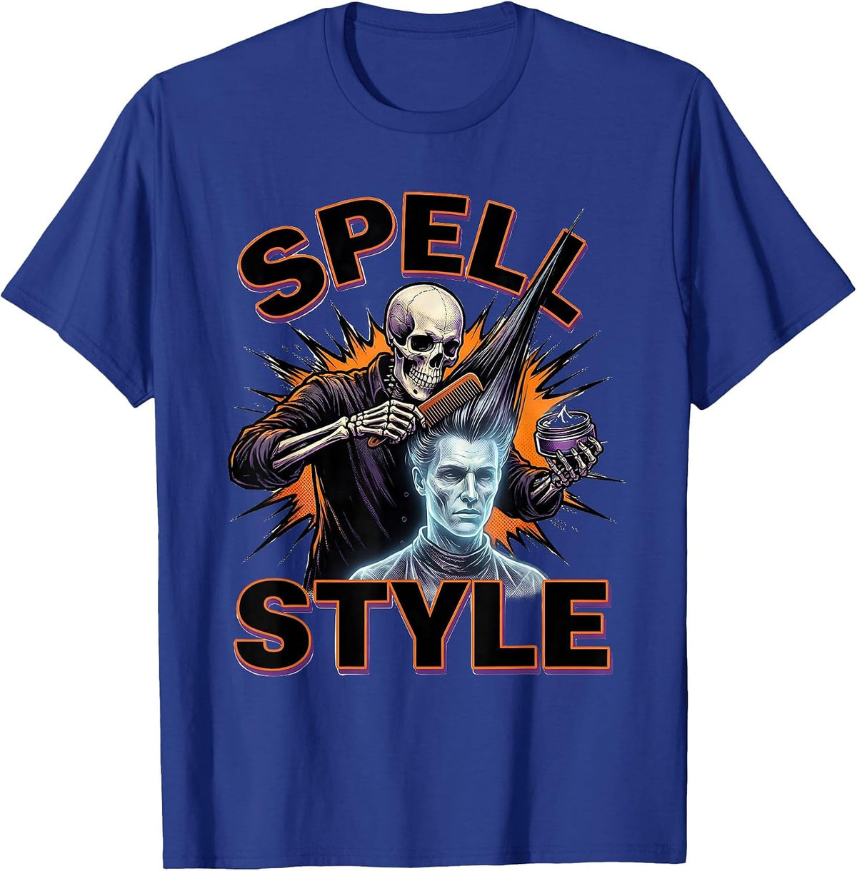 Spell Style Comic Book Skeleton Hairstylist Halloween Humor T-Shirt - Royal Blue