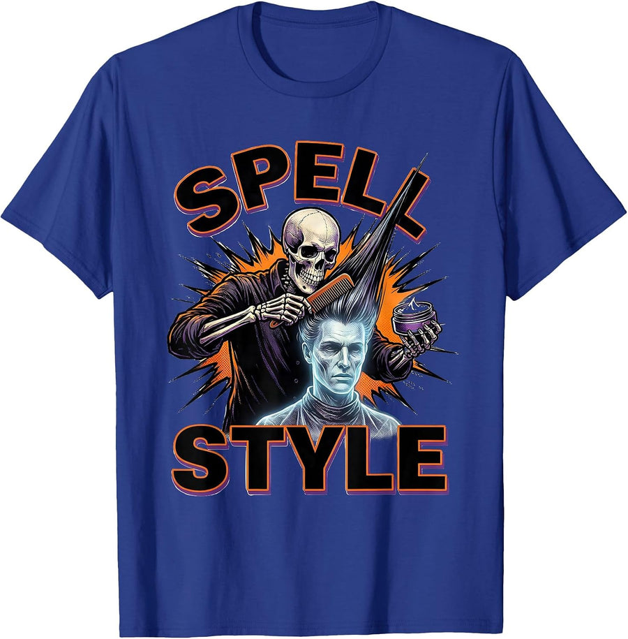 Spell Style Comic Book Skeleton Hairstylist Halloween Humor T-Shirt - Royal Blue