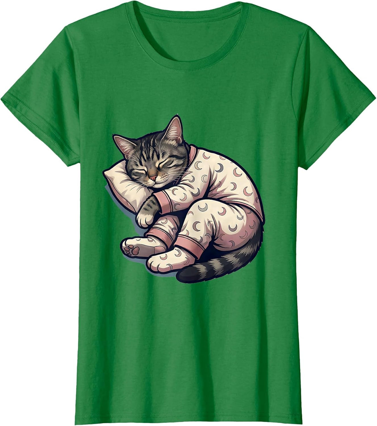 Sleepy Tabby Cat Cartoon Cute Cozy Pajama T-Shirt - Kelly Green
