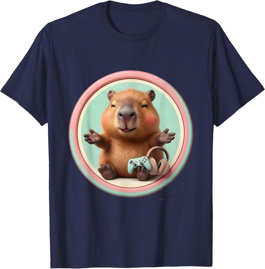 Capybara Gamer Meme Humor Cute Kawaii T-Shirt - Navy Blue