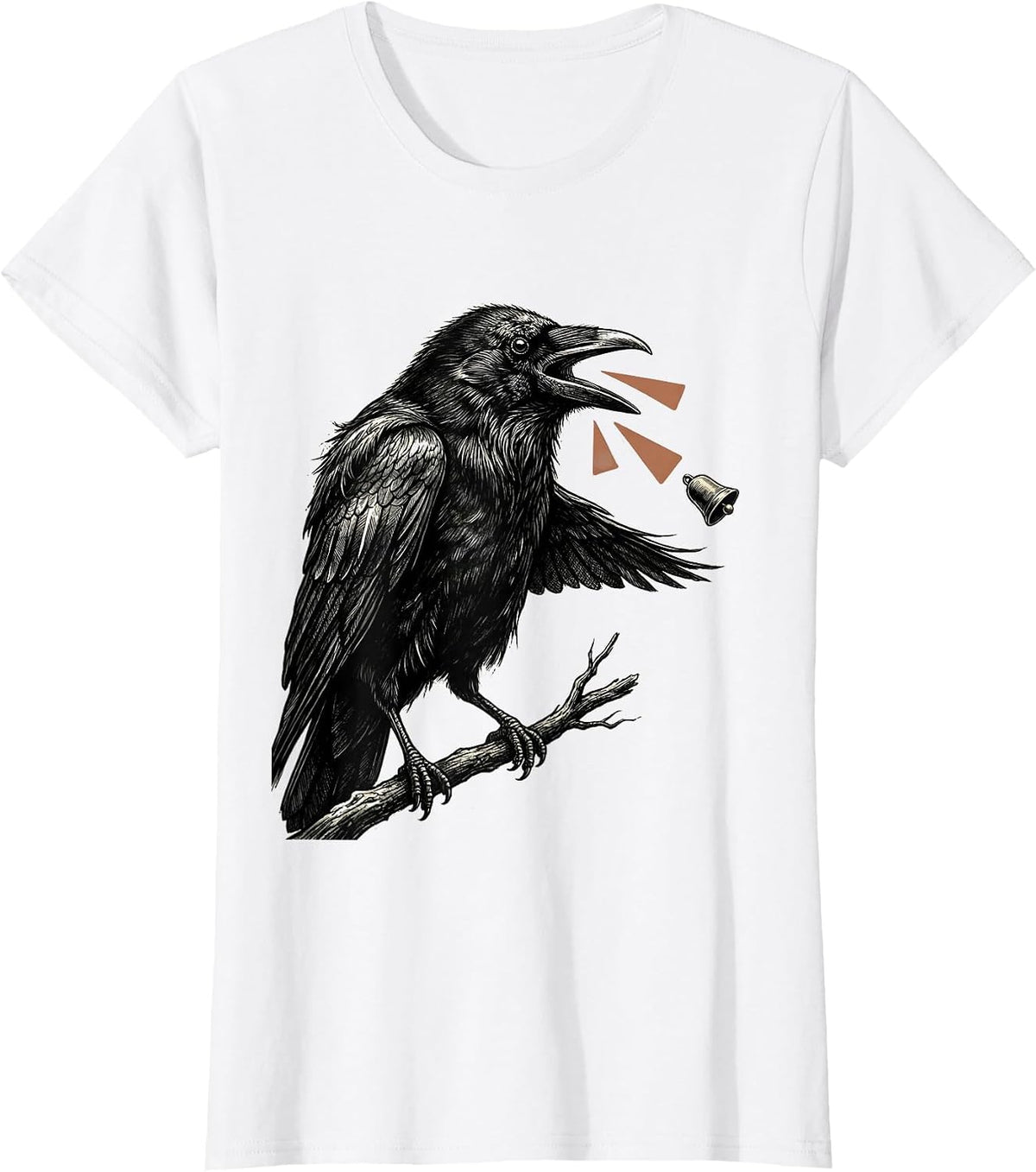 Women's Crow Perched Bird Lover Dark Humor Gothic Illustration T-Shirt - White