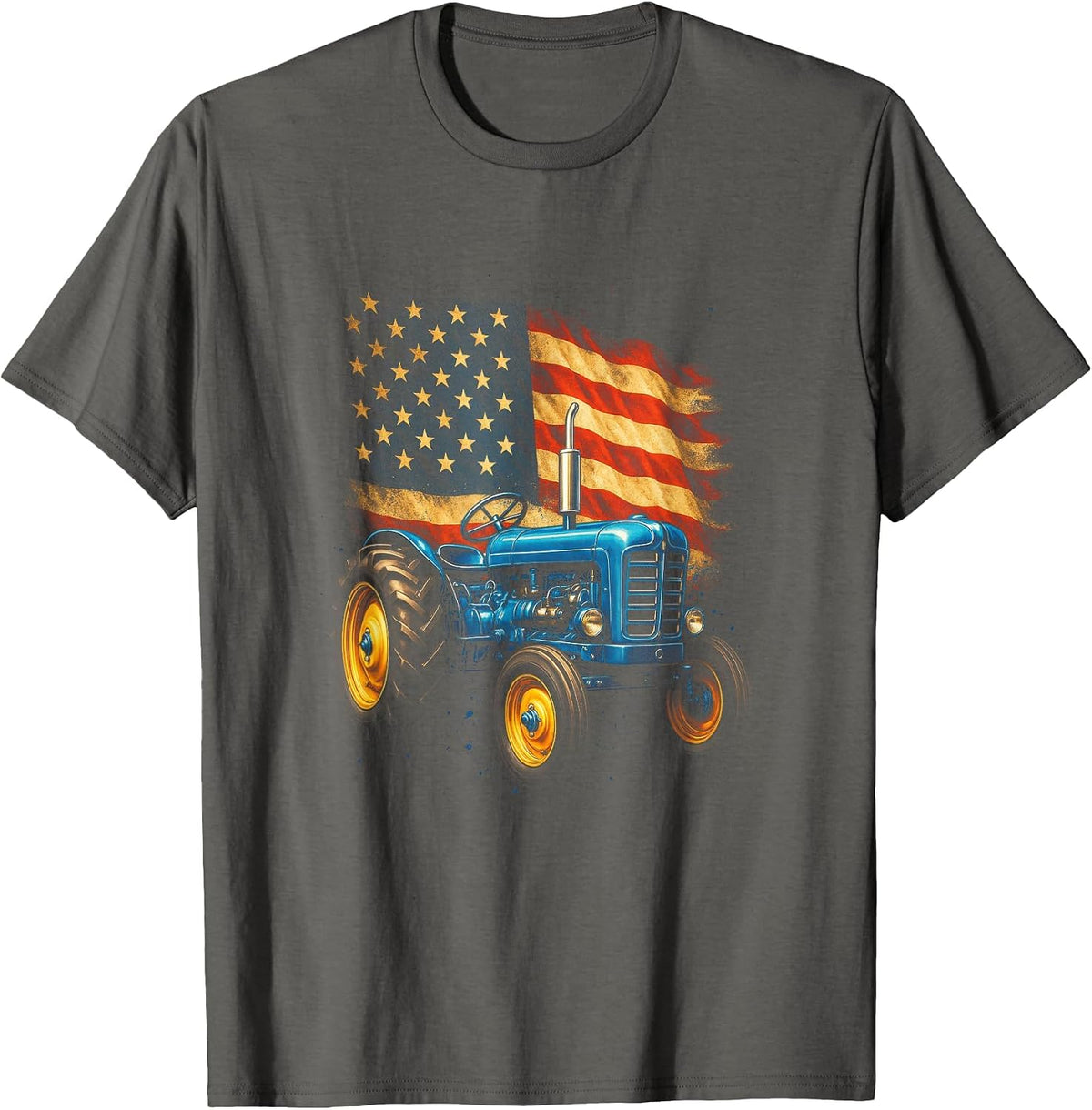 Vintage Tractor with American Flag - Patriotic Farm USA T-Shirt - Asphalt Grey