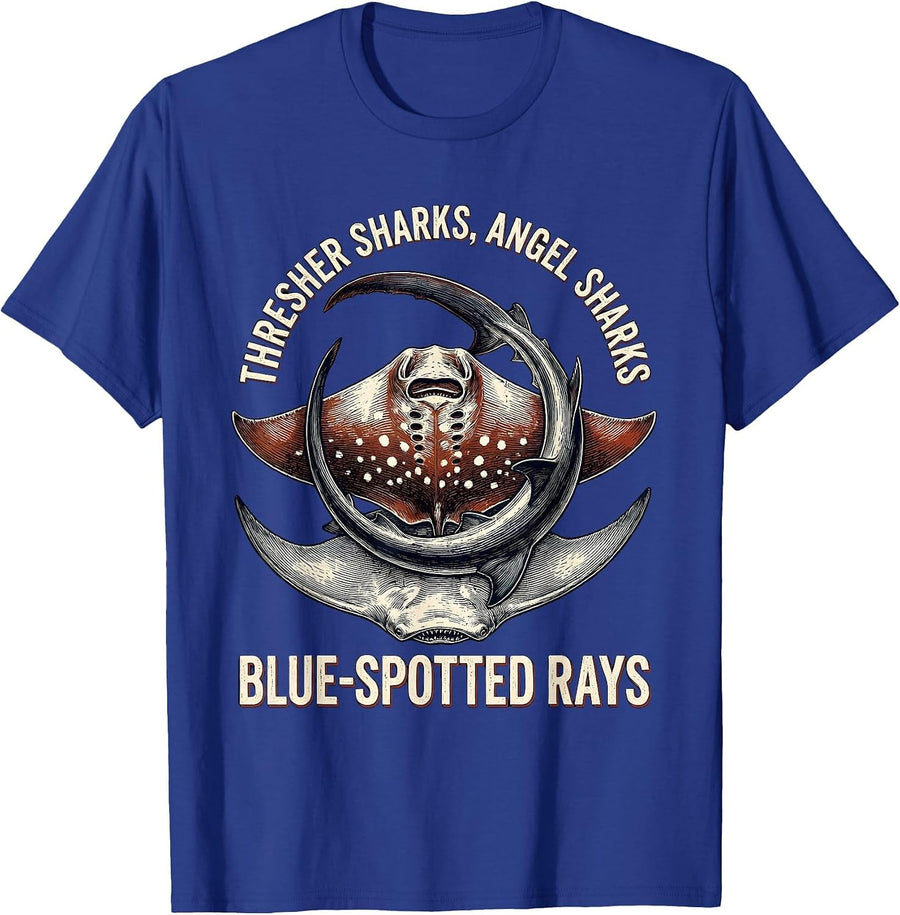 Thresher Sharks, Angel Sharks, Blue-Spotted Rays Marine T-Shirt - Royal Blue